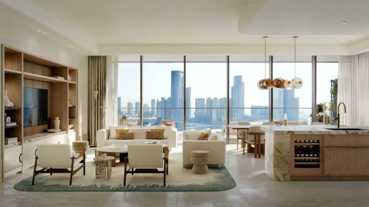 Inside a residence — living room, bedroom and bathroom